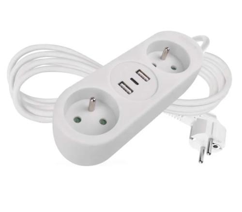 Kabel prodlužovací 1,4 m / 2 zásuvky+2×USB-A+1×USB-C / bílý / PVC / 1,5 mm2