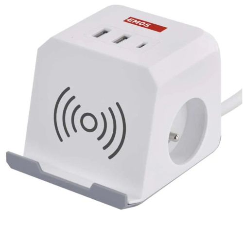 Kabel prodlužovací - kostka 2m/2 zásuvky / bílý / 2×USB-C+1×USB-C+Qi /1,5mm2