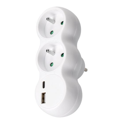 Zásuvka rozbočovací 230V bílá,2× kulatá, s USB A+C nabíječkou