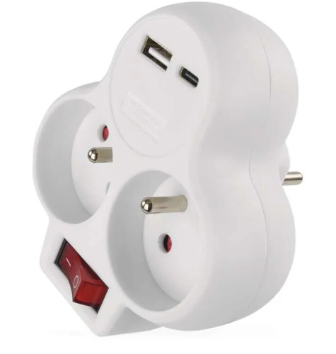 Zásuvka rozbočovací 230V bílá,2× kulatá,vyp 1×USB-A+1×USB-C, P0073