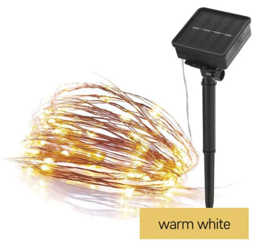 LED nano řetěz se solárním panelem, měděný, 12 m, venkovní i vnitřní, teplá bílá, časovač