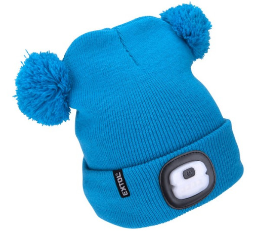 Dětská čepice s čelovkou 180LM nabíjecí USB, modrá s bambulemi