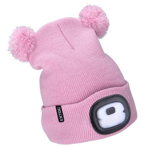 Dětská čepice s čelovkou 180LM nabíjecí USB, třpytivá růžová s bambulemi
