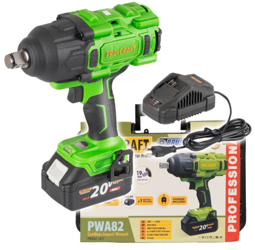 Procraft PWA82-1b-c Aku rázový utahovák 20V, 4 Ah, 400/1356/1600 Nm, 3/4", 0–600/1250/1550 ot./min