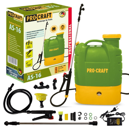 Procraft AS-16 Aku postřikovač 16L, 12V, 8Ah, 4.5-5.5 bar teleskopická tyč 47-84 cm