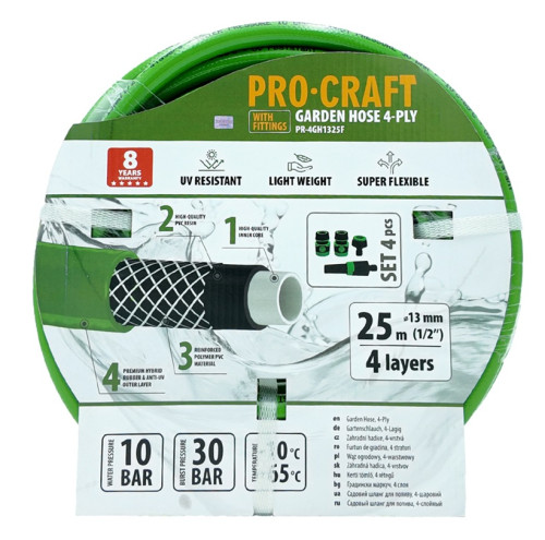 PRO CRAFT Hadice zahradní 4 vrstvá, 10/30 bar, 1/2'', 25m - s příslušenstvím