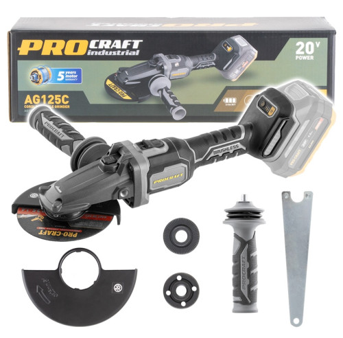 Procraft Industrial AG125C Aku úhlová bruska s plochou hlavou 20 V, Li-ion, 125mm, 8500ot.
