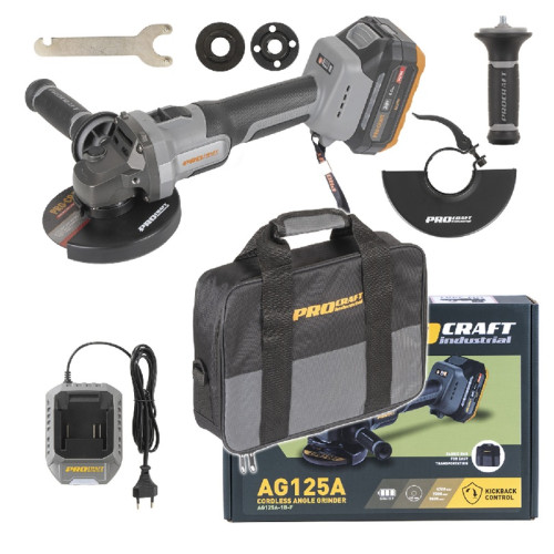 Procraft Industrial AG125A-1B-F Aku úhlová bruska  20 V / 4,0 Ah, Li-ion, 125mm, 9600ot., KICK-BACK