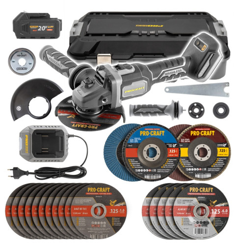 Procraft AG125B Aku bruska úhlová  20 V/4,0 Ah, Li-ion, 125mm, 9600ot., KICK-BACK