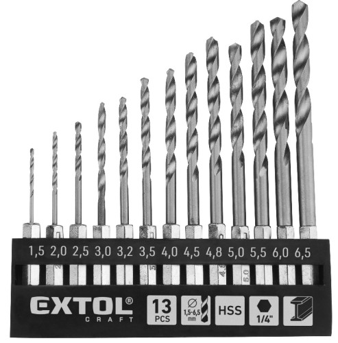 EXTOL CRAFT 11140 Vrtáky do kovu se šestihrannou stopkou, sada 13ks, 1,5-6,5mm, HSS
