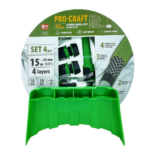 Procraft PR-4GH1315F Zelená zahradní hadice 1/2", 15m, 4 vrstvá, 10/30 bar, s příslušenstvím