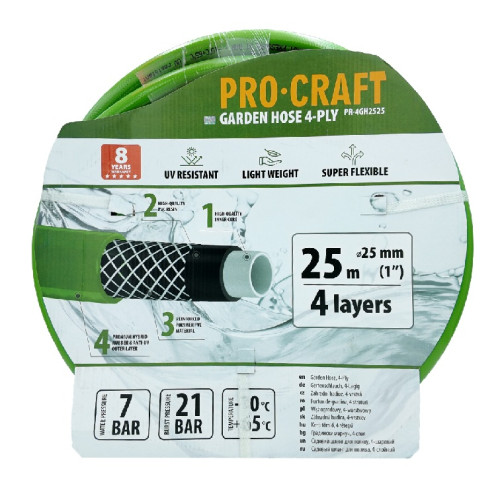 Procraft PR-4GH2525 Zelená zahradní hadice  1", 25m, 4 vrstvá, 7/21 bar