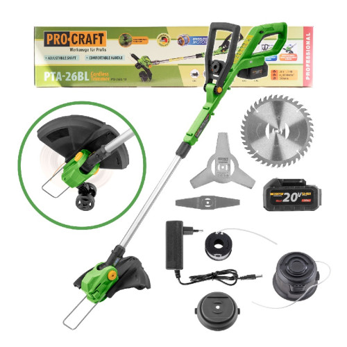 Procraft PTA-26BL Aku vyžínač 20V, záběr 300mm, otočná hlava , 1x AKU 3 Ah + nabíječka, BL