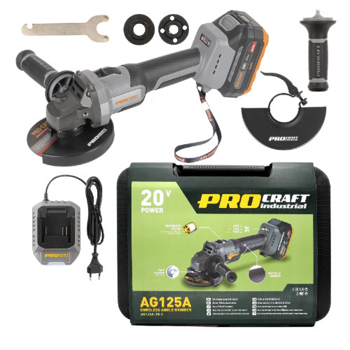 Procraft Industrial AG125A Aku úhlová bruska 125mm, 20 V / 4,0 Ah, Li-ion, 9600ot., 1x AKU