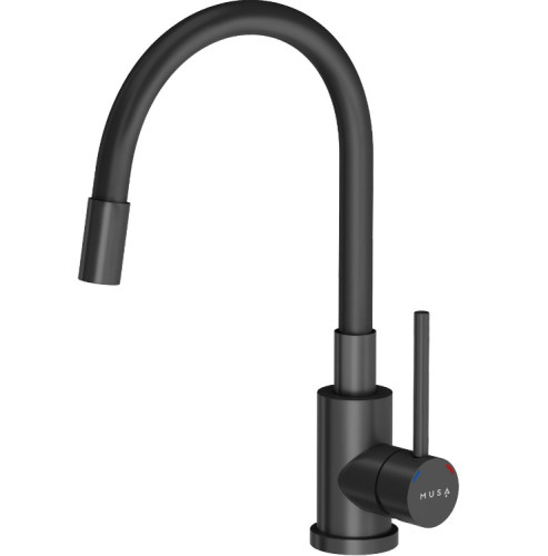 Baterie dřezová a umyvadlová MAGGIE, stojánková s černým flexibilním ramínkem, karbonově černá