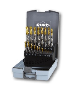 Sada vrtáků RUKO 1-10; 19-dílná (po 0,5mm); HSS; vybrušované; povlak špičky vrtáku TiN; plastový obal
