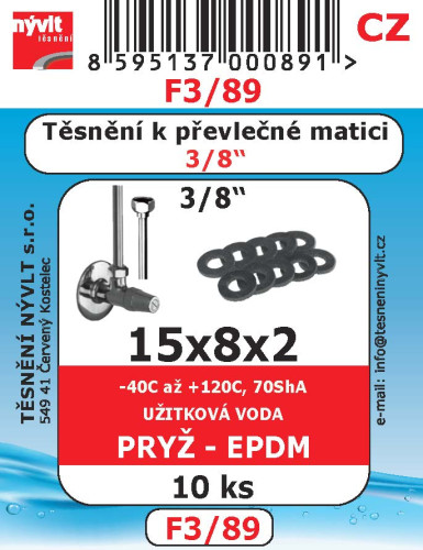 Těsnění převlečných matic 3/8" 15x8x2 pryž EPDM 10ks