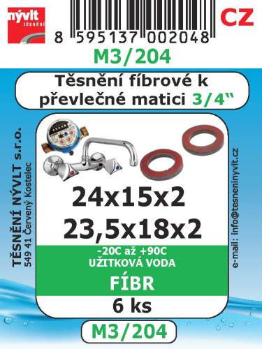 Těsnění převlečných matic 3/4" 24x15x2 23,5x18x2 fíbr 6ks
